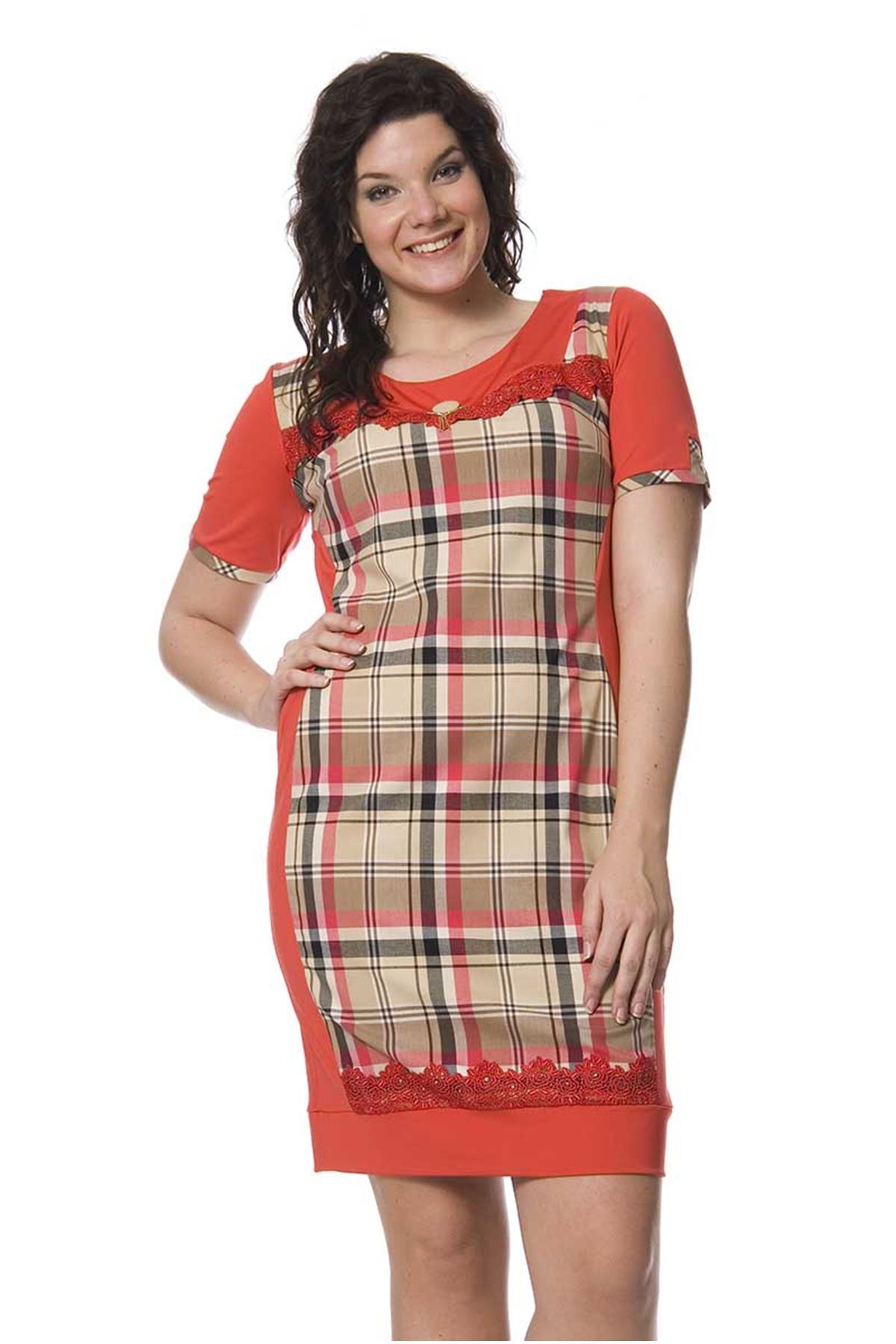 Büyük Beden Kırmızı Desenli Elbise K4-127444