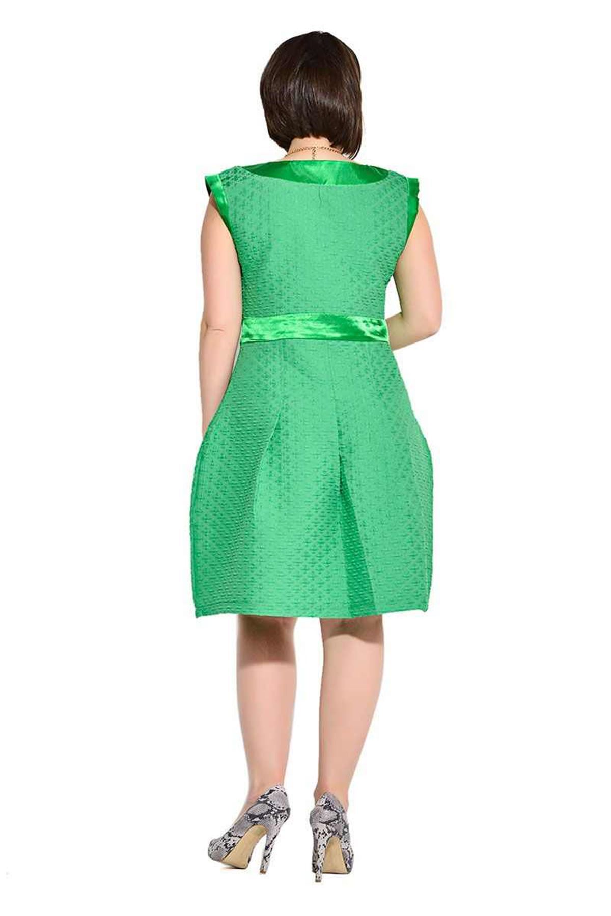 Büyük Beden Yeşil Saten Detaylı Kadın Elbise I4-112109