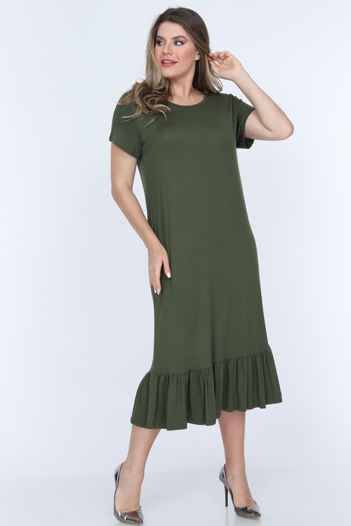 Eteği Fırfırlı Yeşil Büyük Beden Elbise 11D-0701