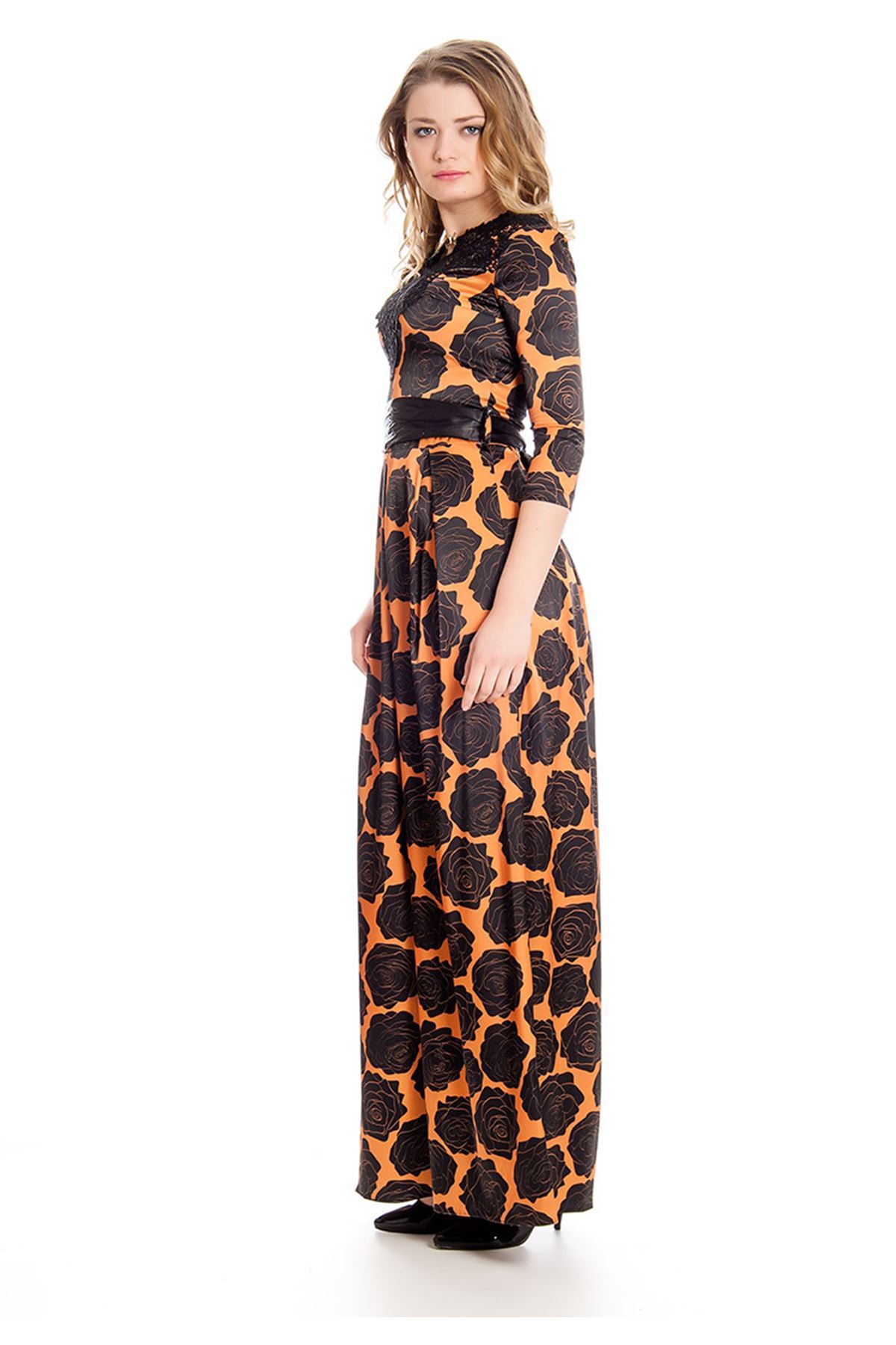 Kahverengi Dantel Detaylı Kadın Uzun Elbise H1-126620