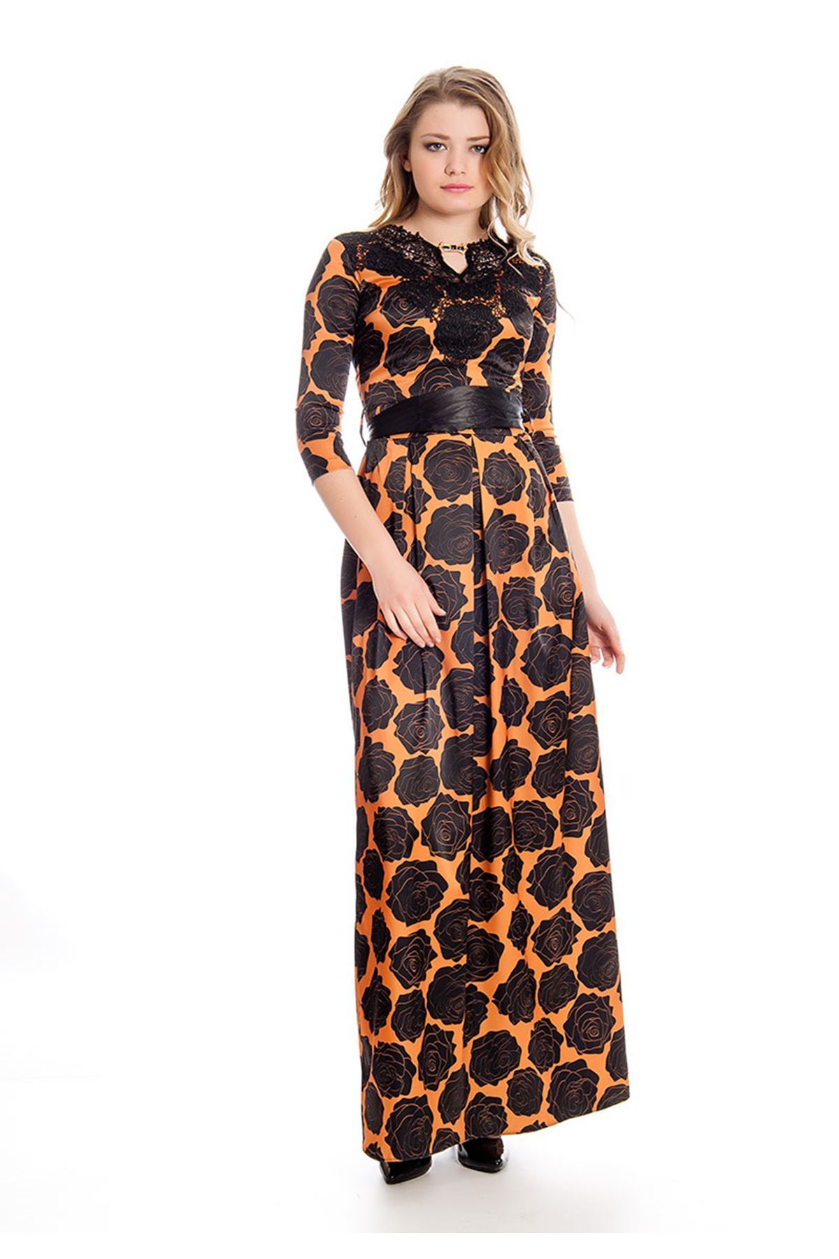 Kahverengi Dantel Detaylı Kadın Uzun Elbise H1-126620