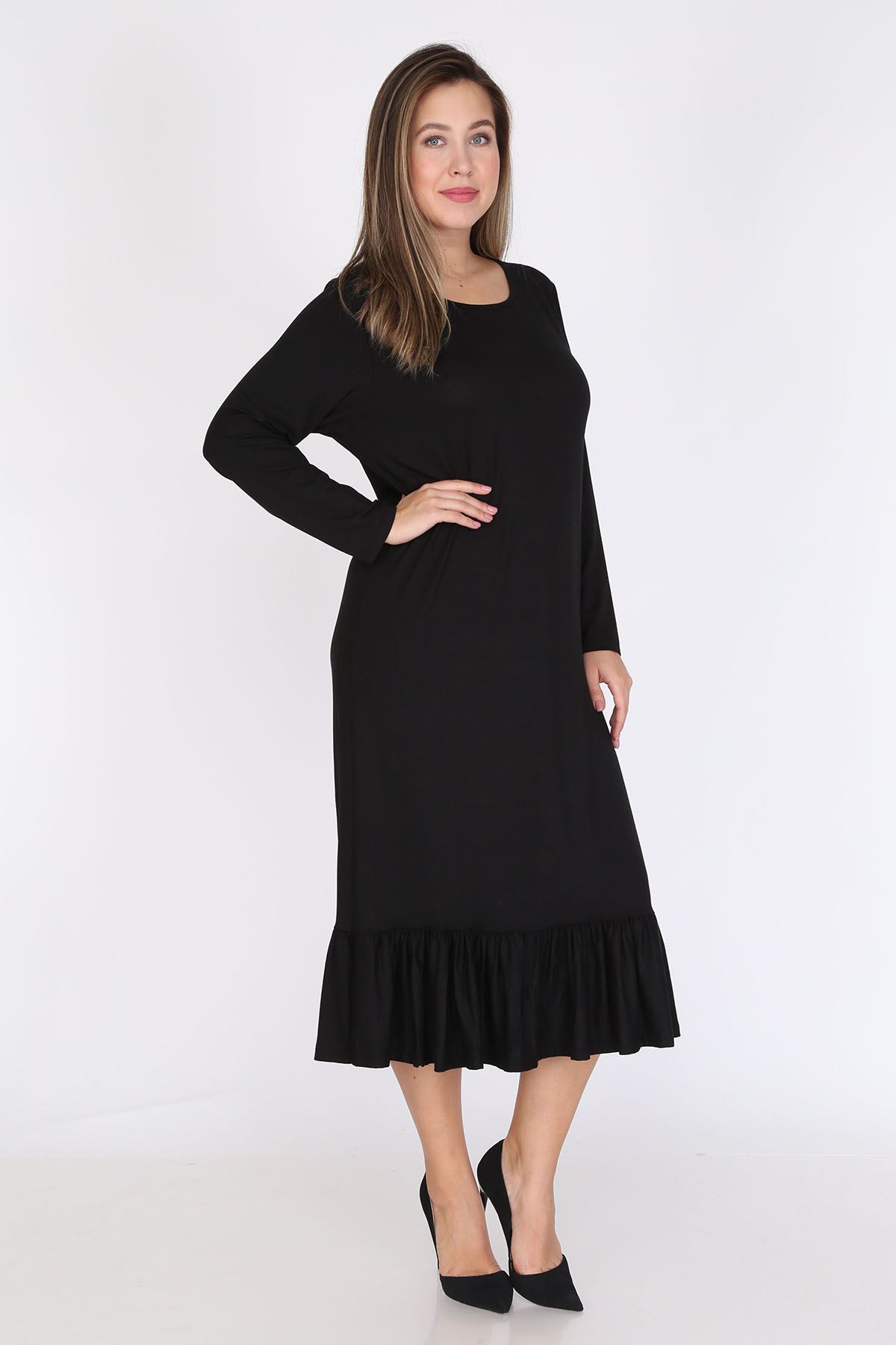 Siyah Uzun Kollu Büyük Beden Elbise 12D-0788