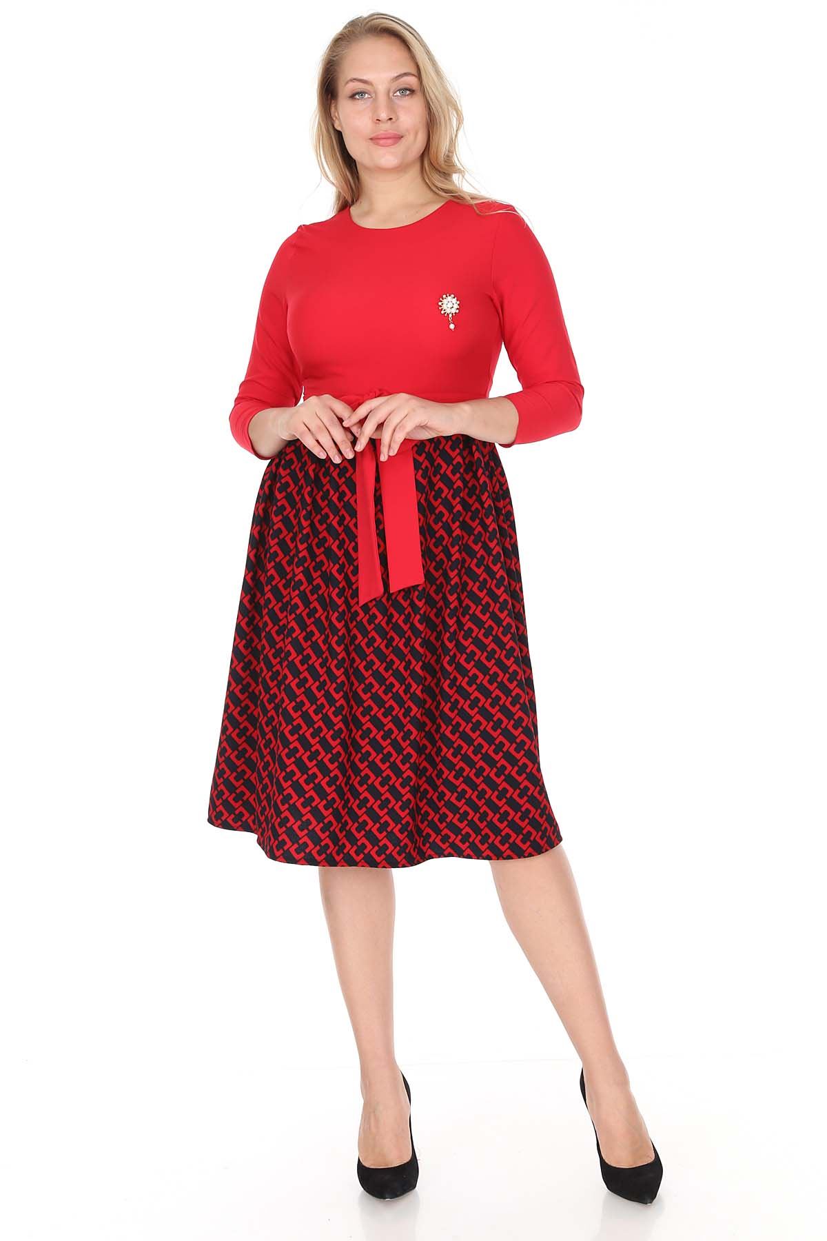 Kırmızı Kloş Büyü Beden Elbise 25A-0941
