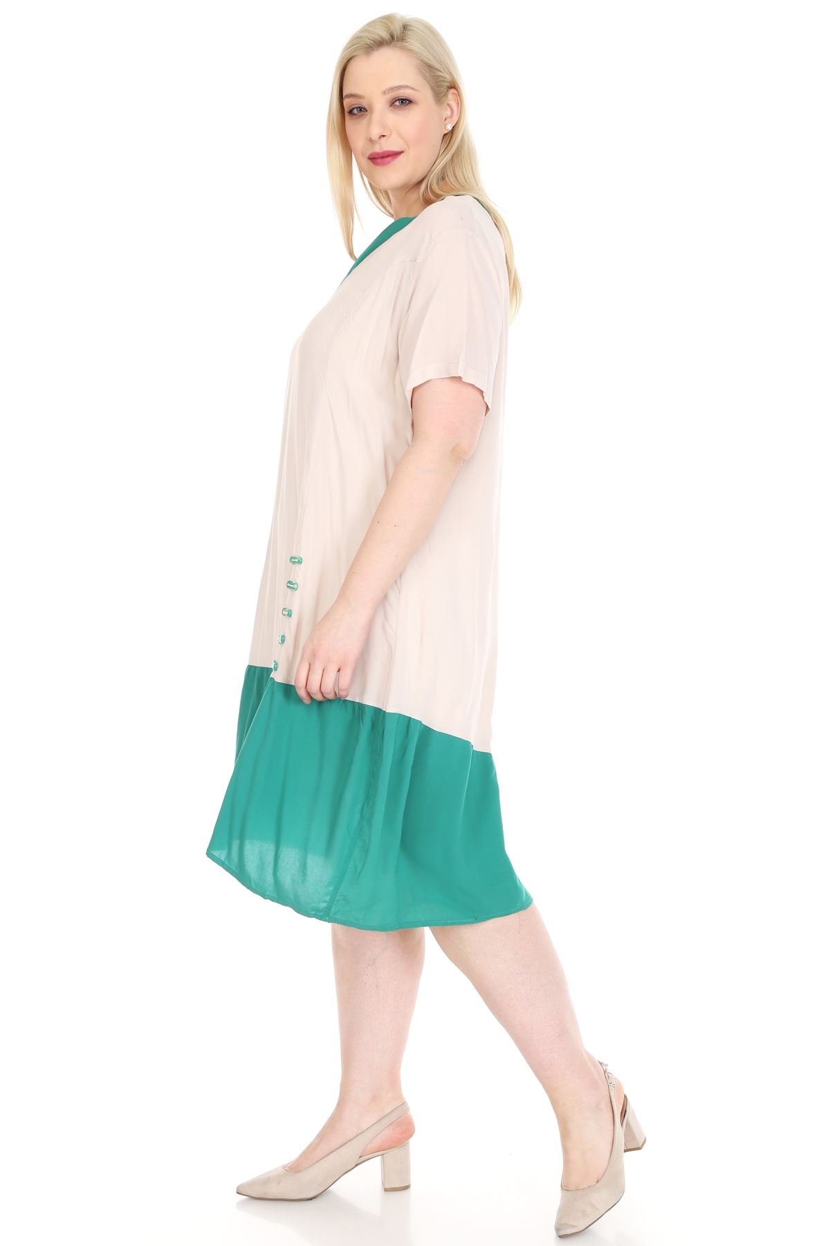 Yeşil Bej Baskılı Elbise 1A-0932