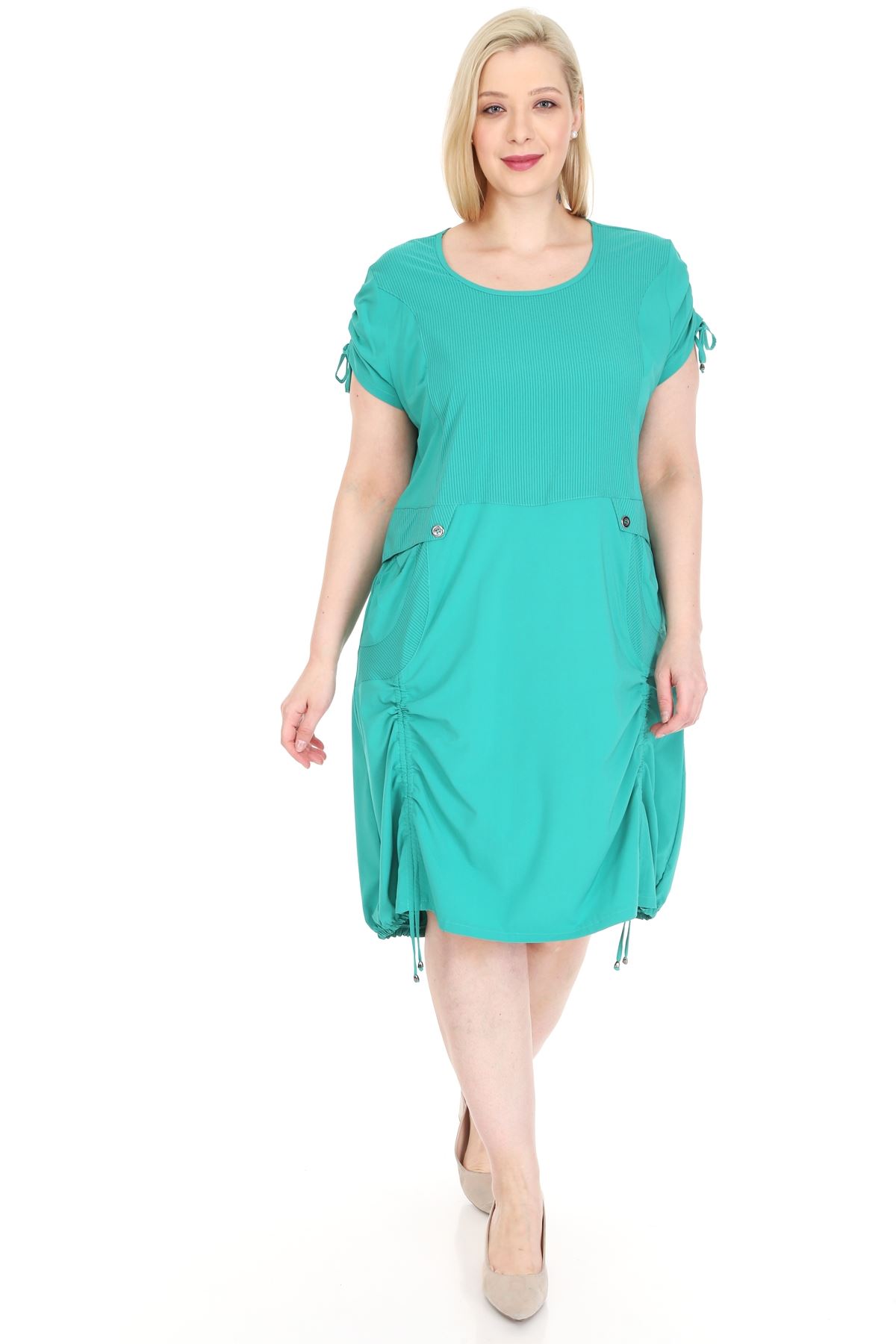 Bağcıklı Cepli Yeşil Büyük Beden Elbise 18E-0921