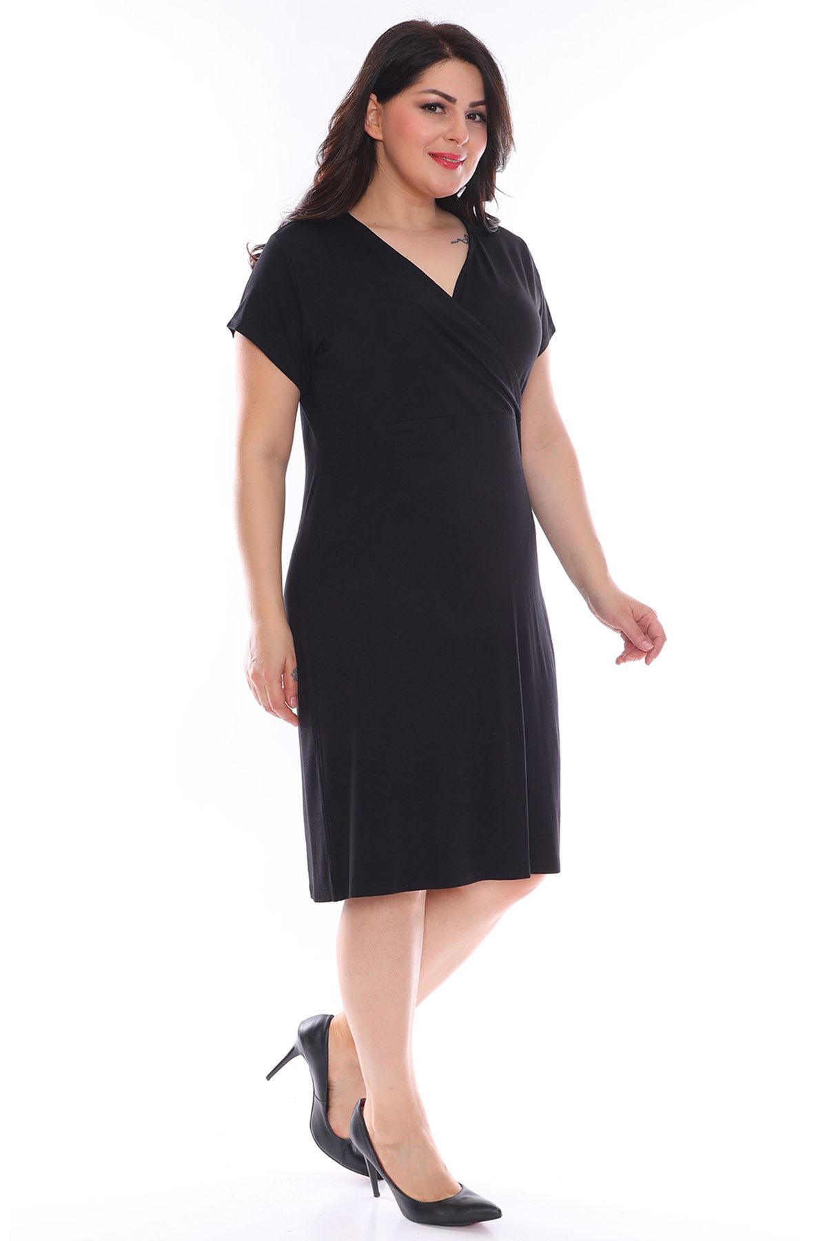 Kruvaze Yaka Siyah Büyük Beden Elbise 2D-0970