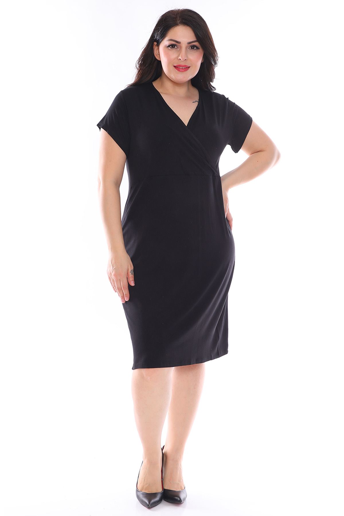 Kruvaze Yaka Siyah Büyük Beden Elbise 2D-0970