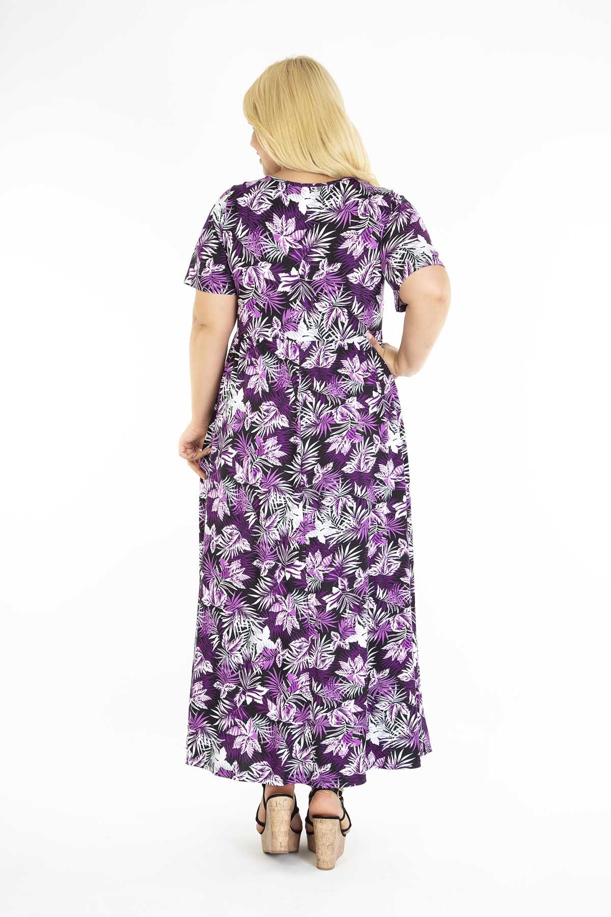 Mor Çiçekli Desenli Uzun Büyük Beden Elbise 31D-1220