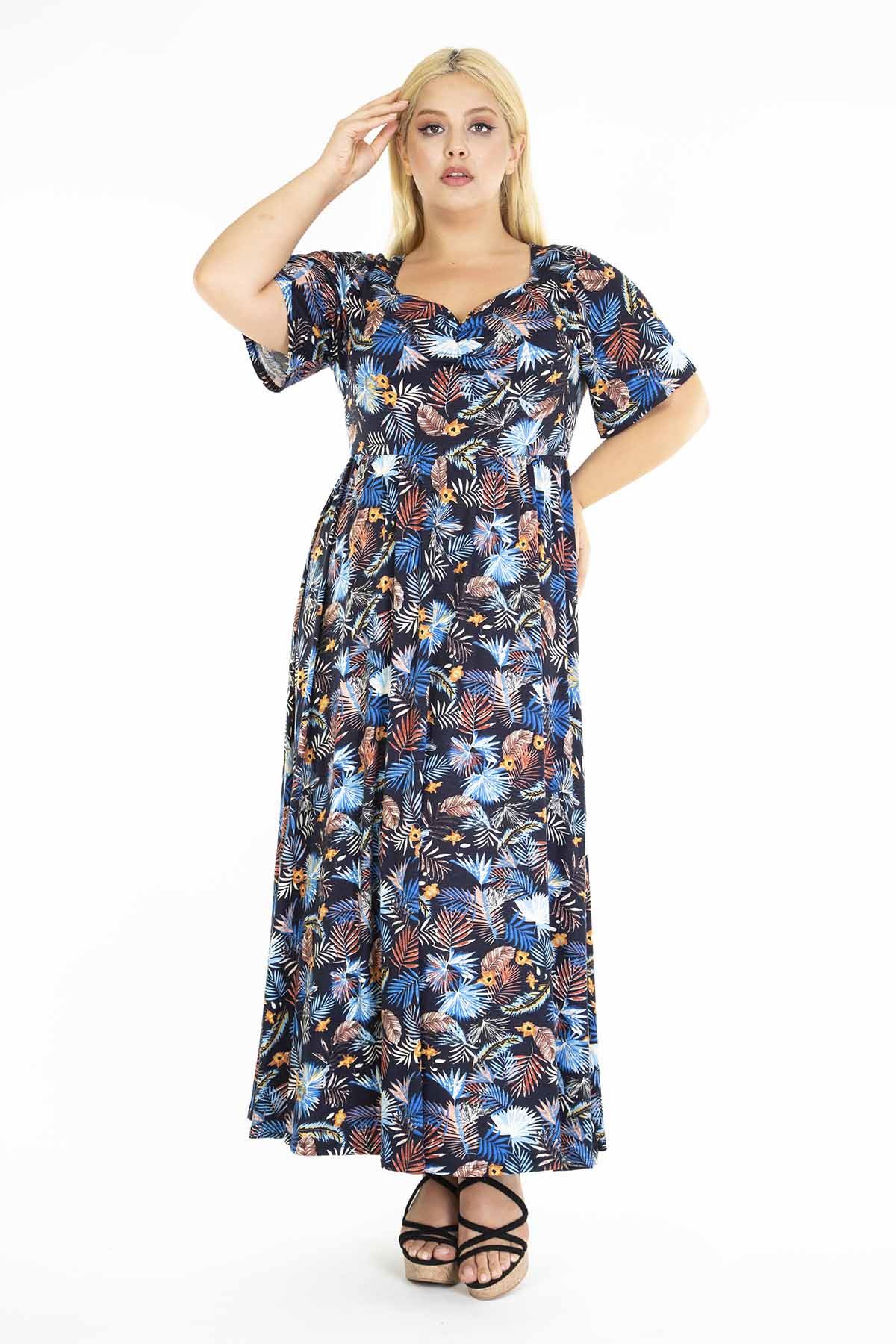 Mavi Çiçekli Desenli Büyük Beden Uzun Elbise 21A-1221