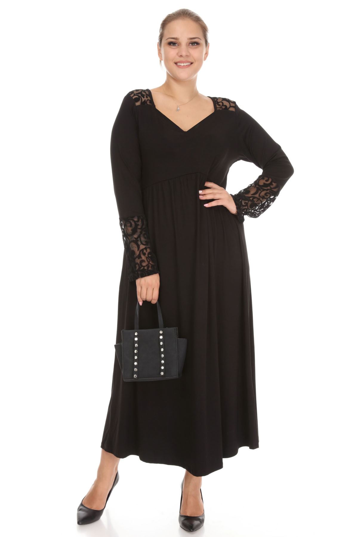 Dantelli Siyah Uzun Büyük Beden Elbise 28E-1267