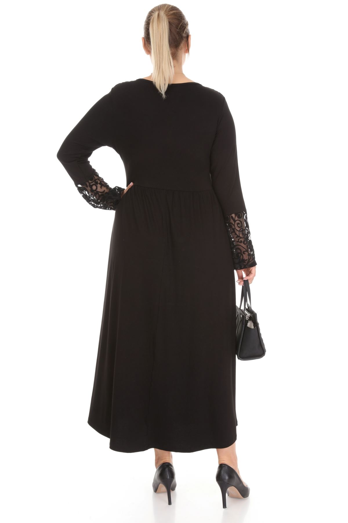 Dantelli Siyah Uzun Büyük Beden Elbise 28E-1267