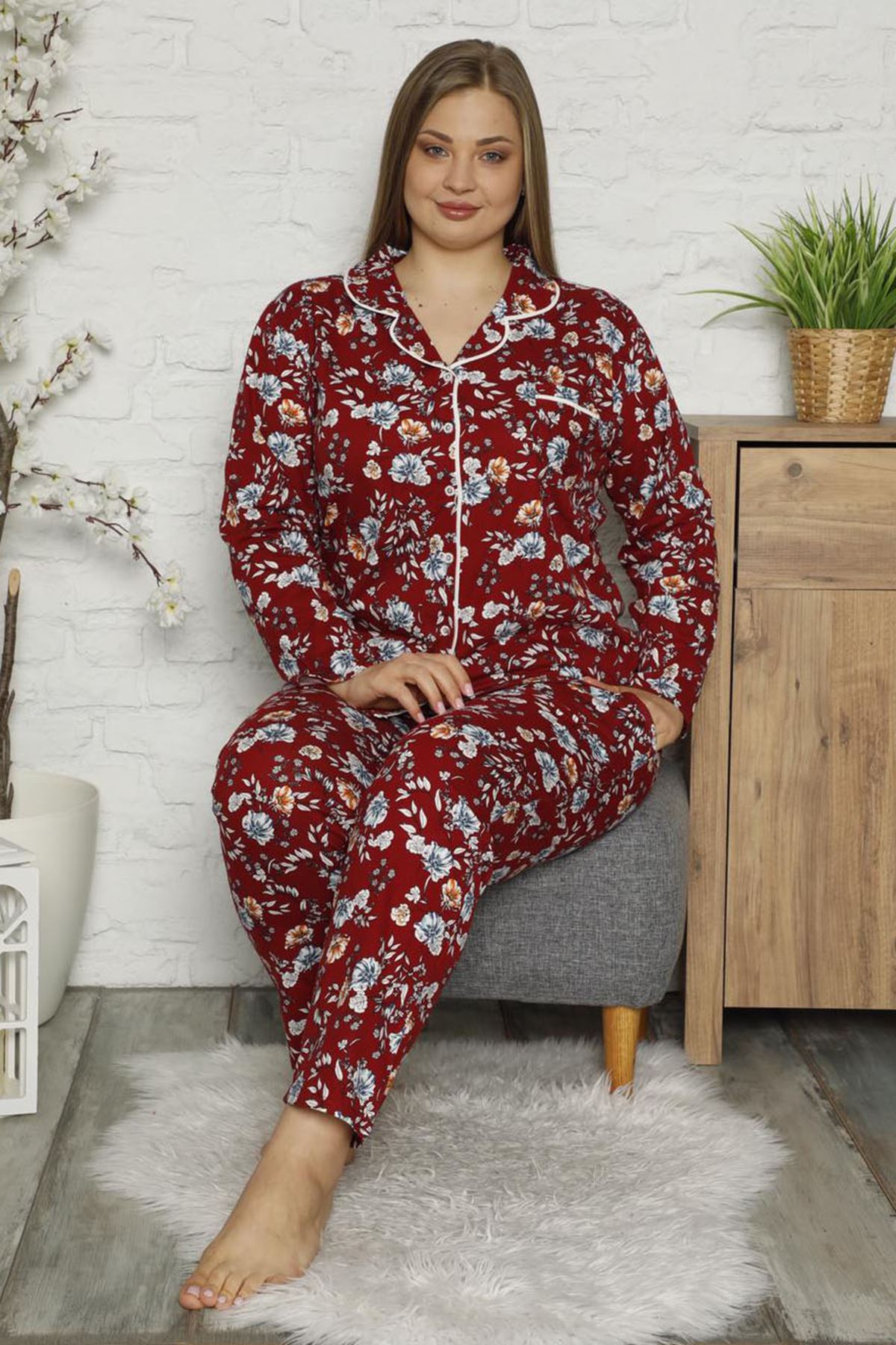 Çiçekli Büyük Beden Pijama Takımı 32E-1482