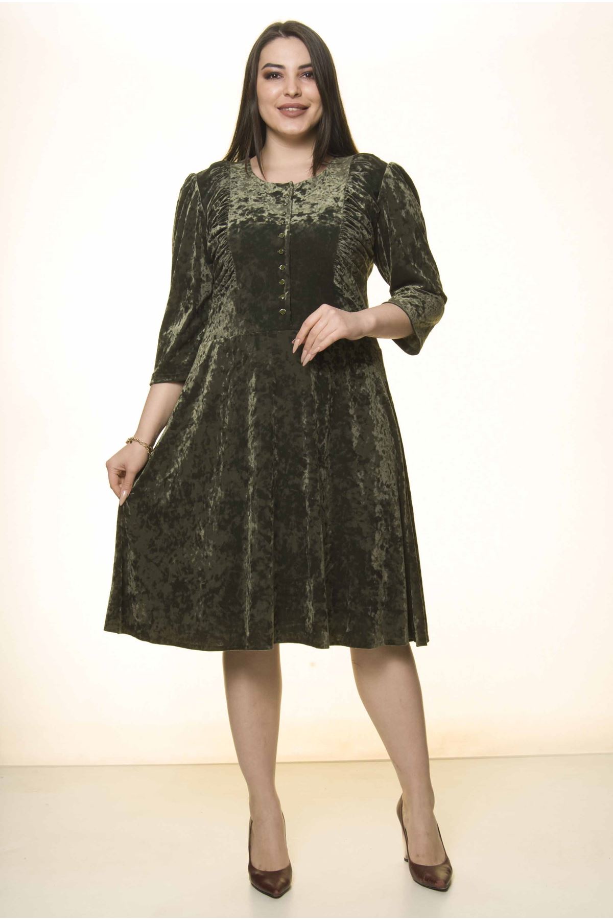 Yeşil Kadife Büyük Beden Elbise 27E-1569