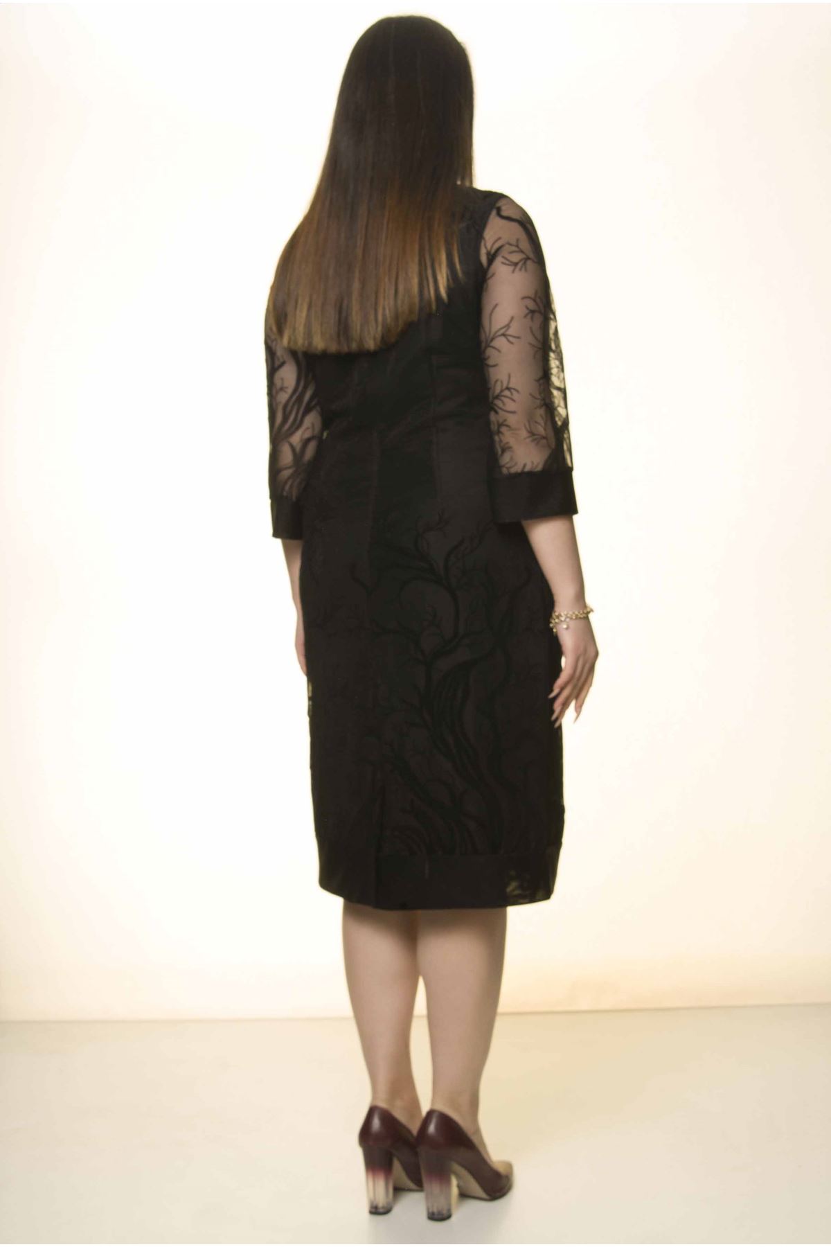Siyah Simli Nakışlı Büyük Beden Elbise 8A-1575