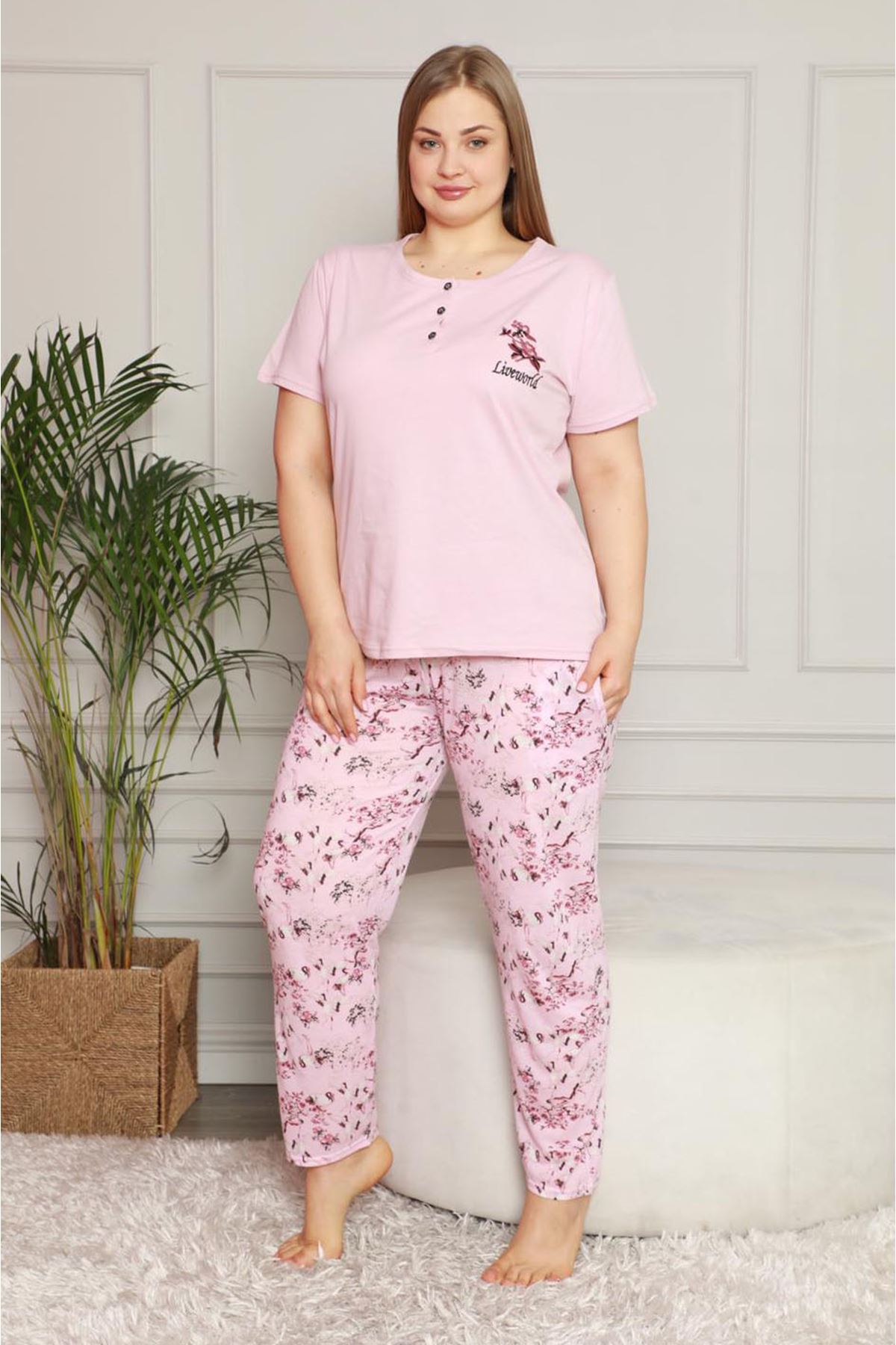 Yazlık Pembe Büyük Beden Pijama Takımı 26B-1605