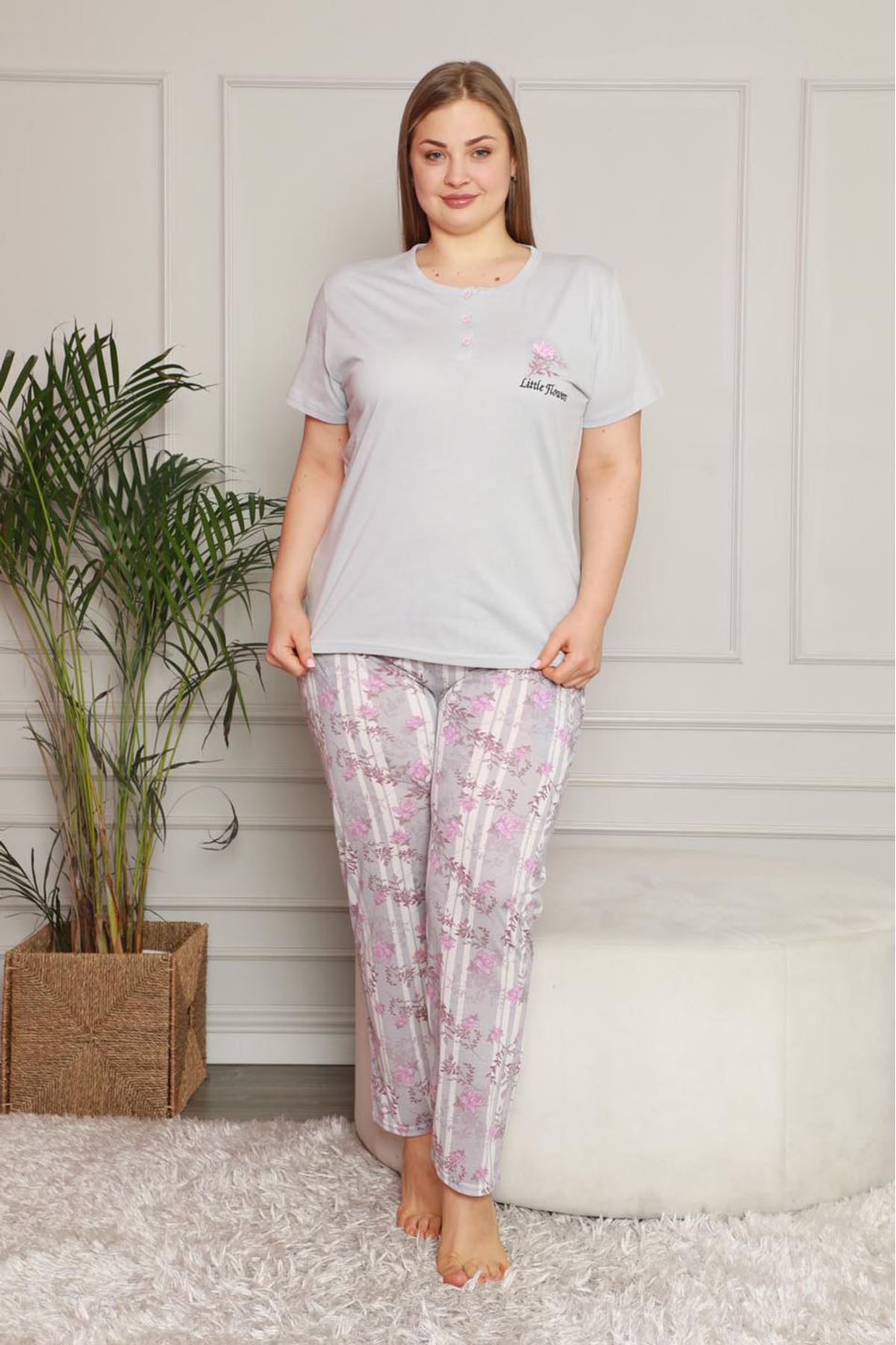 Yazlık Geniş Kesim Gri Pijama Takımı 26B-1620