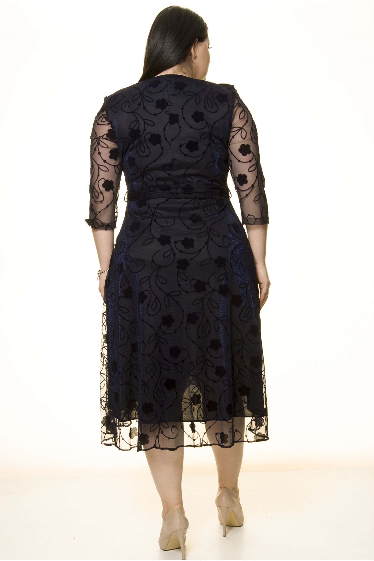 Kruvaze Yaka Simli Büyük Beden Elbise 16B-1595