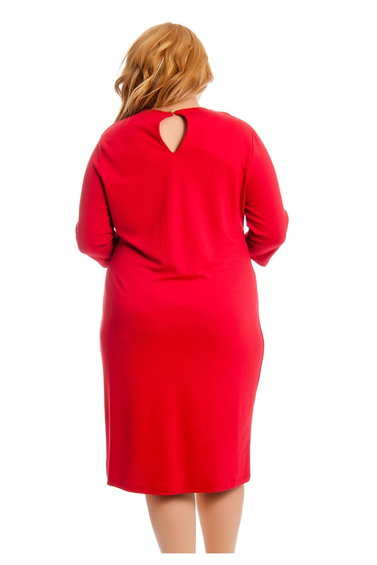 Büyük Beden Kırmızı Yaka Detaylı Kadın Elbise L9-1274401