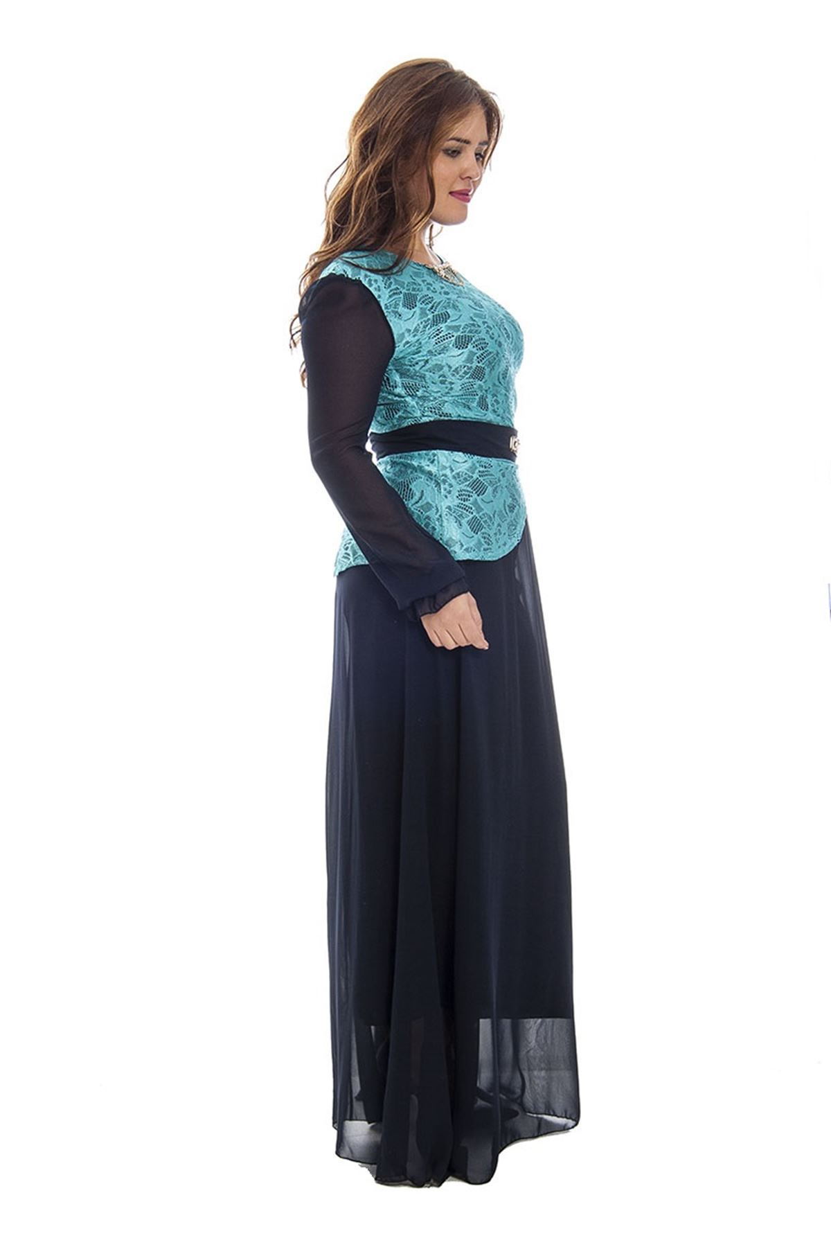 Büyük Beden Lacivert Dantel Detaylı Şifon Kadın Elbise F1-120691