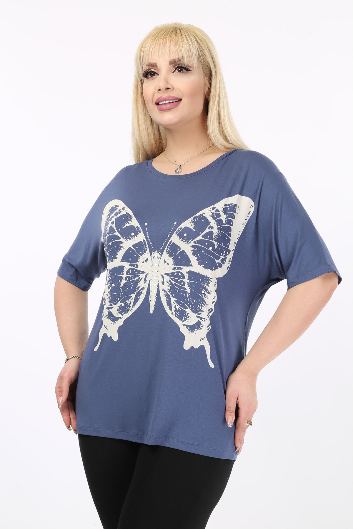 Kelebek Baskılı Taşlı Büyük Beden Tshirt 37B-2096